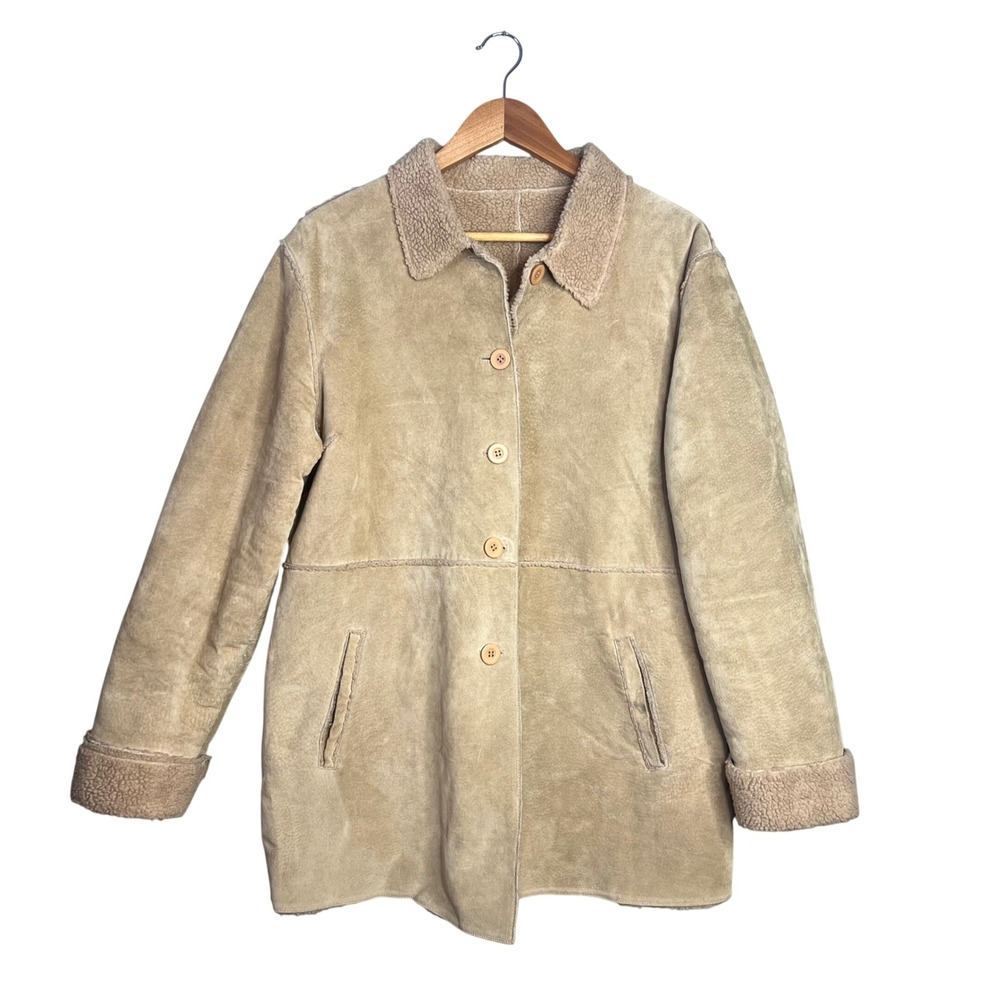 Brandon Thomas Y2K Leather Suede Jacket Womens Sz XL Faux Sherpa Lined Longline